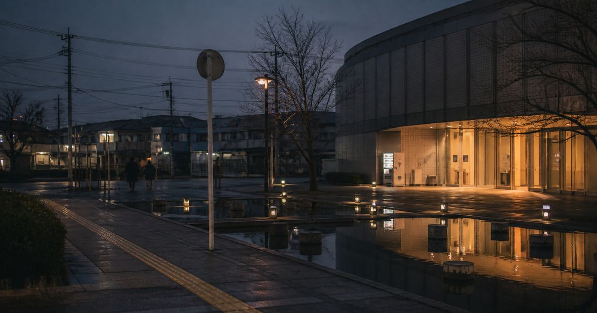 夜のホール前の広場。灯りのついた窓が水面に映っている（イメージ）