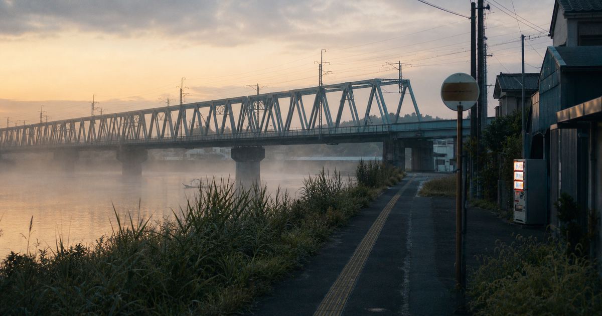 朝もやのかかる川と鉄橋。人のいない川沿いの遊歩道（イメージ）